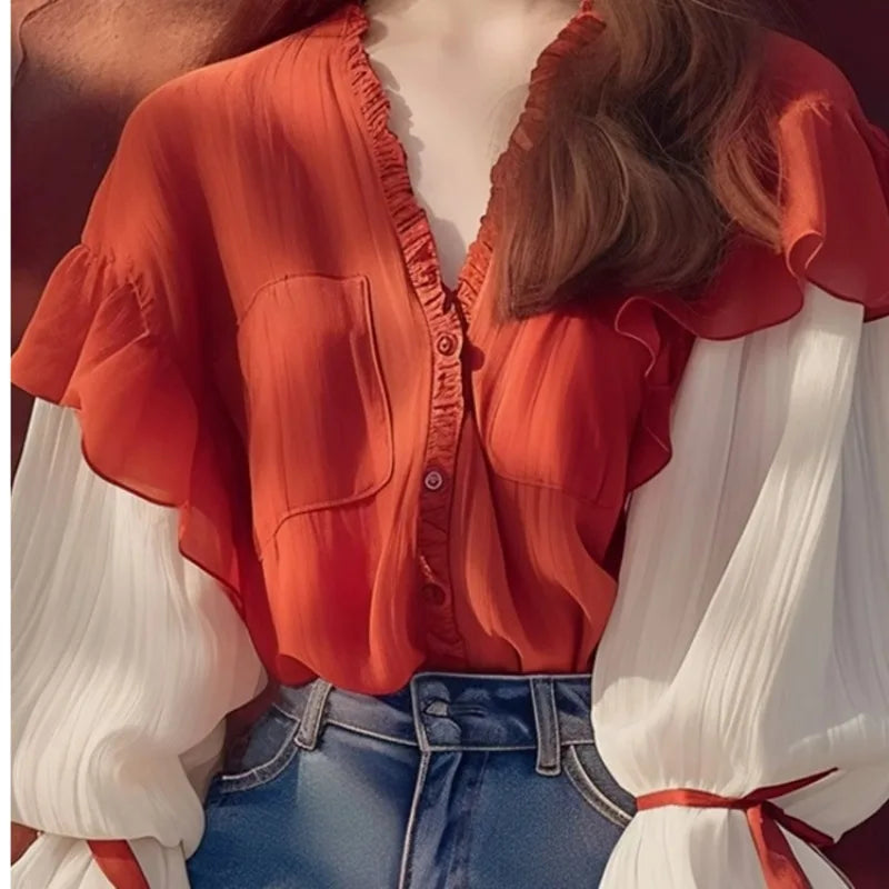 Chiffon Vintage Women's Shirts Spring/summer New Patchwork Women Shirts Loose Long Sleeves Tops Fashion Korean Clothing Sales