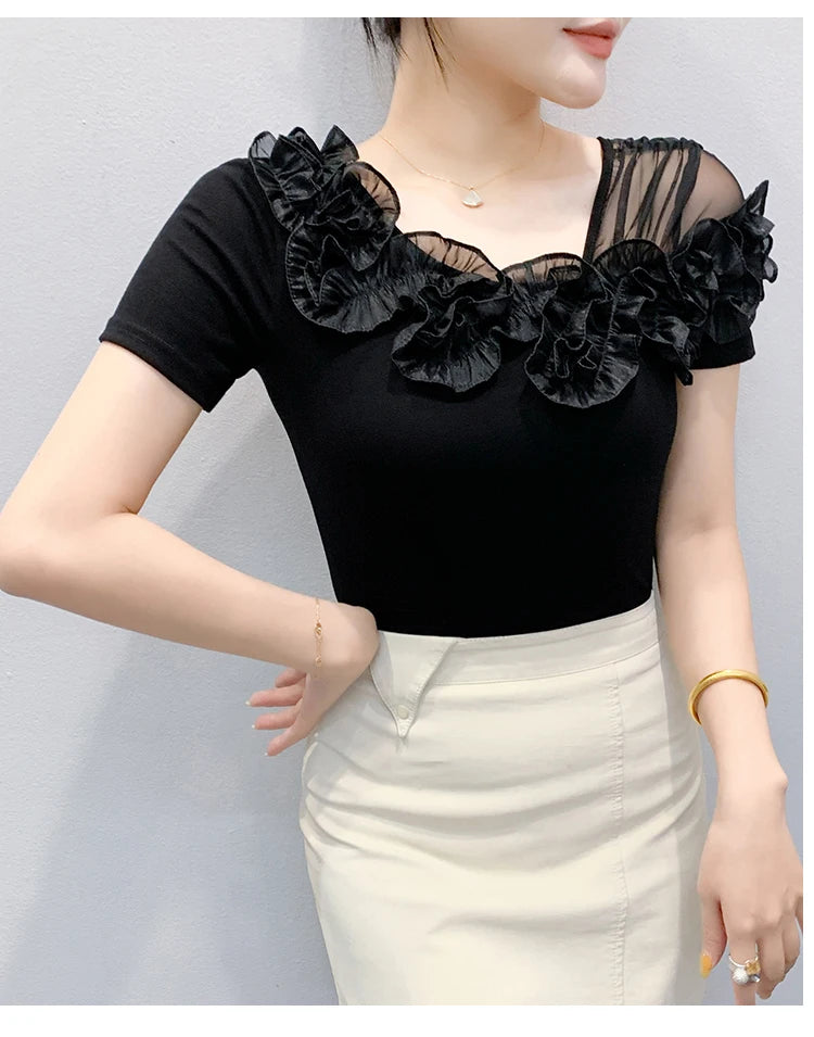 Summer Cotton T-shirts Chic Asymmetric Neckline Off-Shoulder Ruffle Trim Slim Fit Tee Exclusive Boutique Women's Casual Top