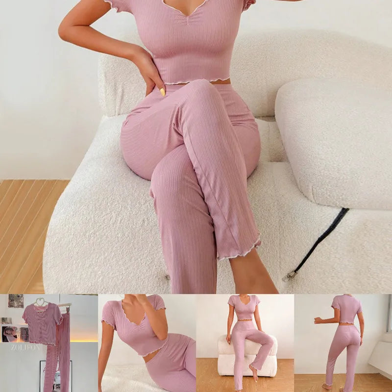Two-Piece Spring and Summer Women's Pajamas Long Pants Short-Sleeved Lady Fashion Homewear Solid Striped Elastic Soft Loungewear clothes
