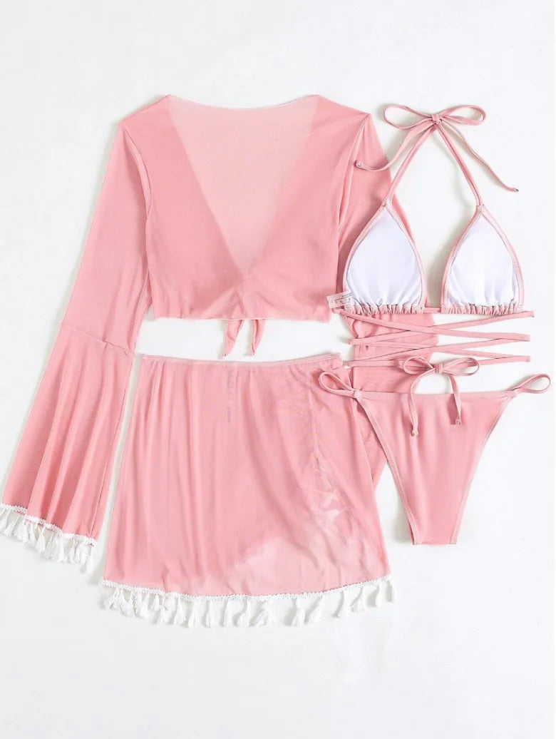 New Conservative Four Piece Solid Color Tassel Hoodie, Mesh Skirt, Bikini Swimsuit for Women