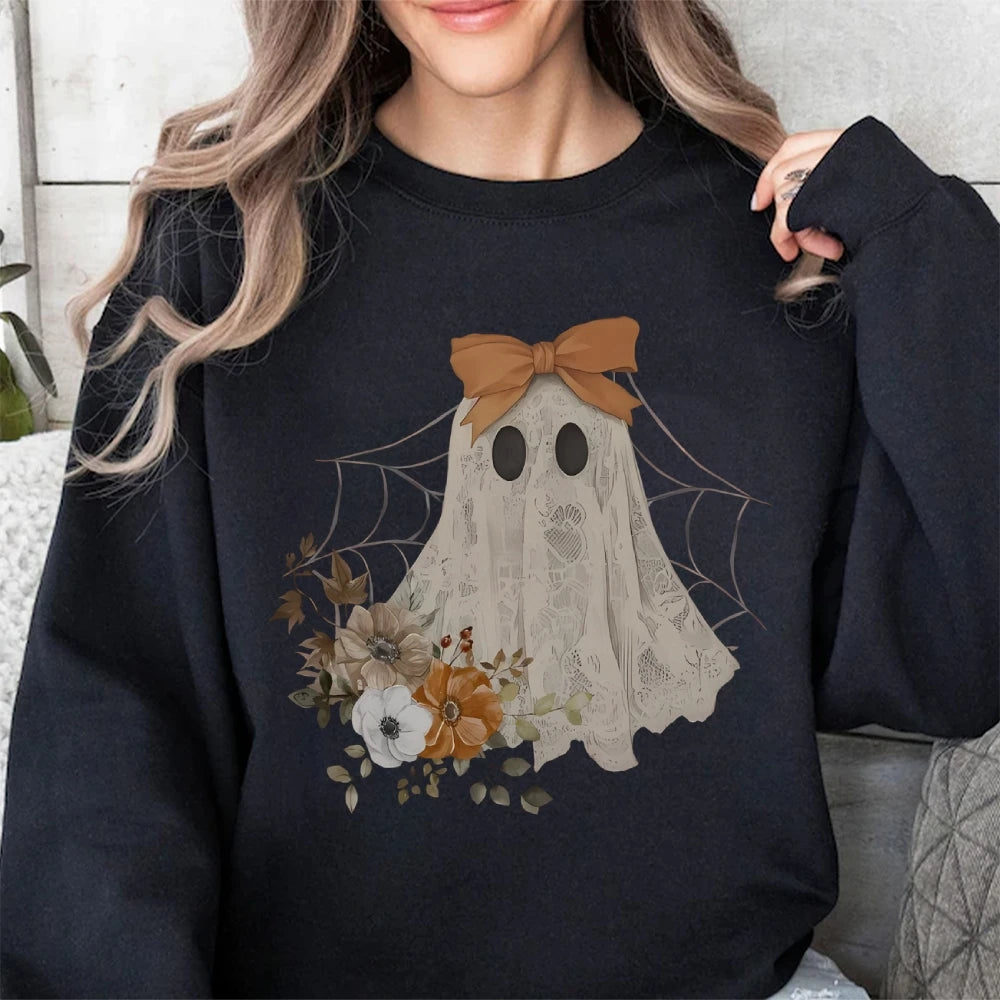 Loose Crew Neck Hoodie Cotton High Quality Soft Comfortable Halloween Cute Ghost Graphic Print Fashion Trend New Sweatshirt