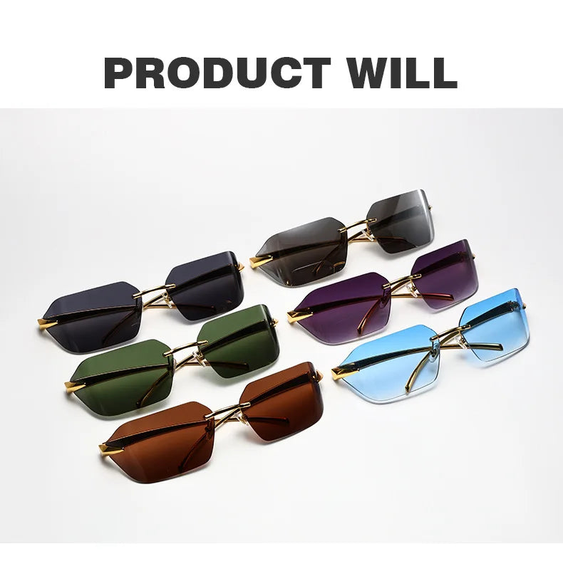 Rimless Men Sunglasses Luxury Brand Curved Lens Summer Traveling Sun Glasses for Women men Frameless Rectangle Shades mon