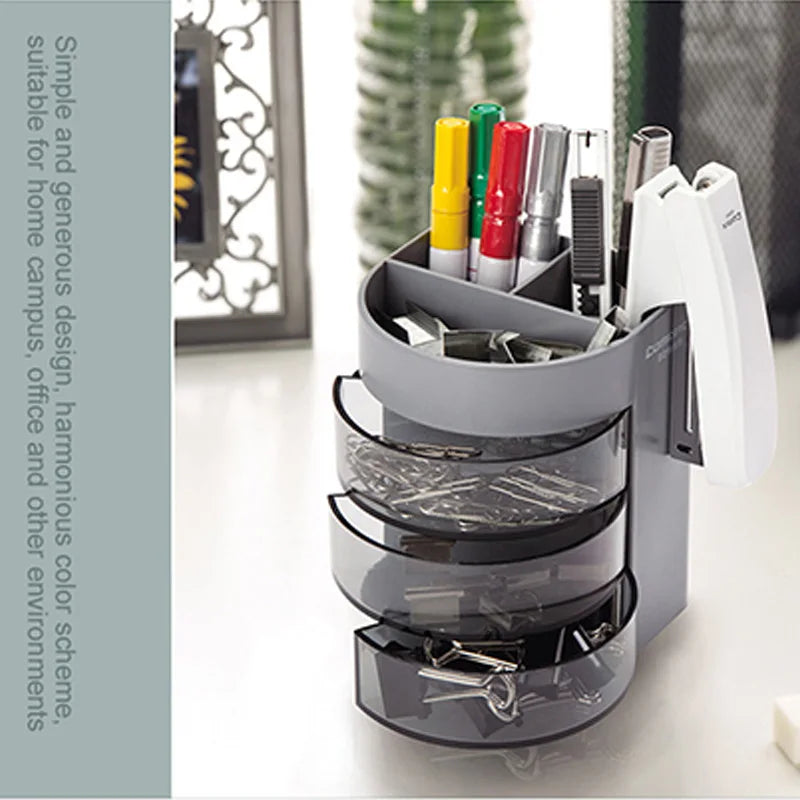 1pc Pen Holder with 3 Rotatable Arc Drawers 3 Compartments Pencil Holder Desktop Storage School Office Supplies