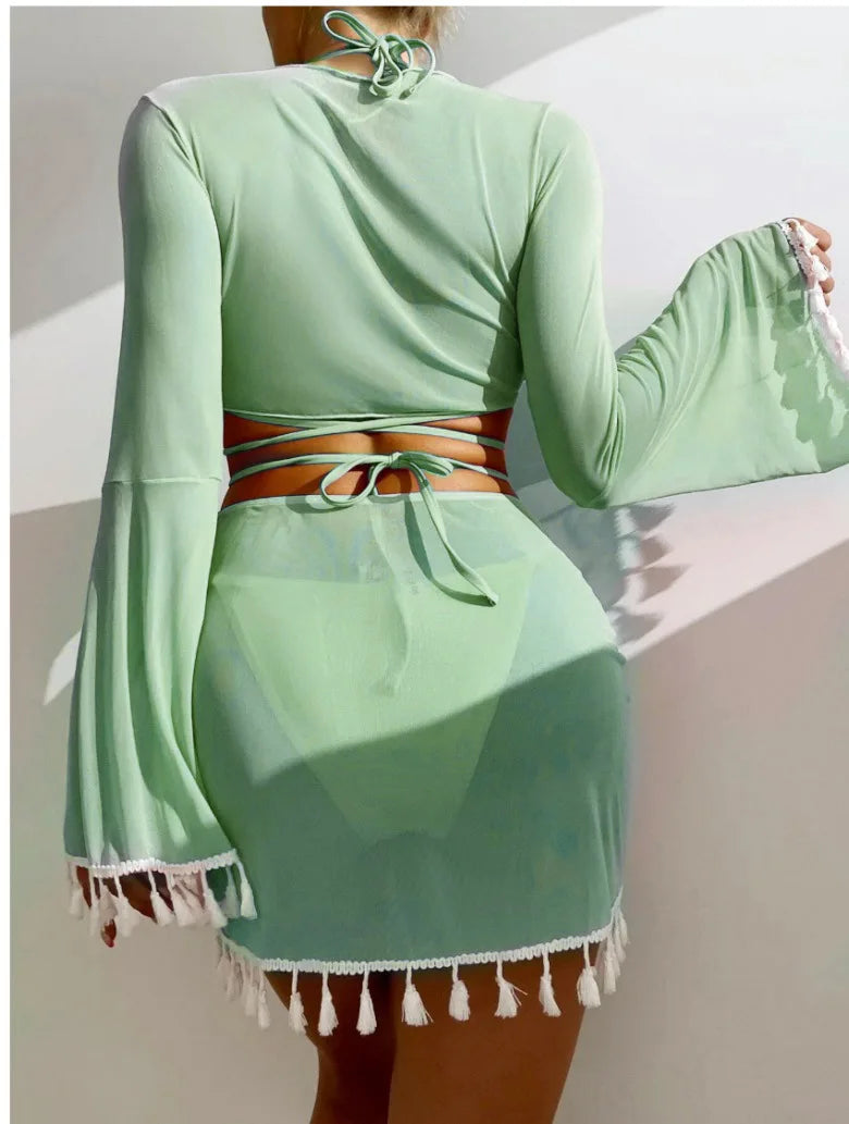 New Conservative Four Piece Solid Color Tassel Hoodie, Mesh Skirt, Bikini Swimsuit for Women