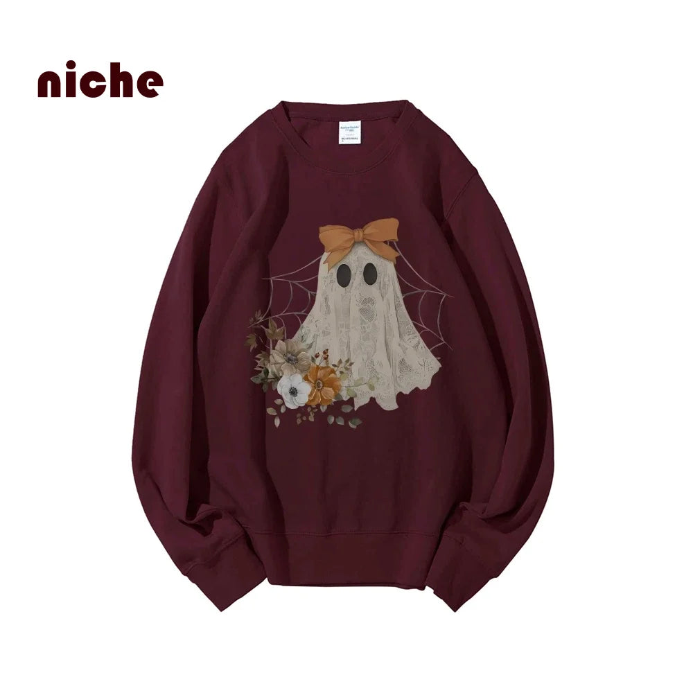 Loose Crew Neck Hoodie Cotton High Quality Soft Comfortable Halloween Cute Ghost Graphic Print Fashion Trend New Sweatshirt
