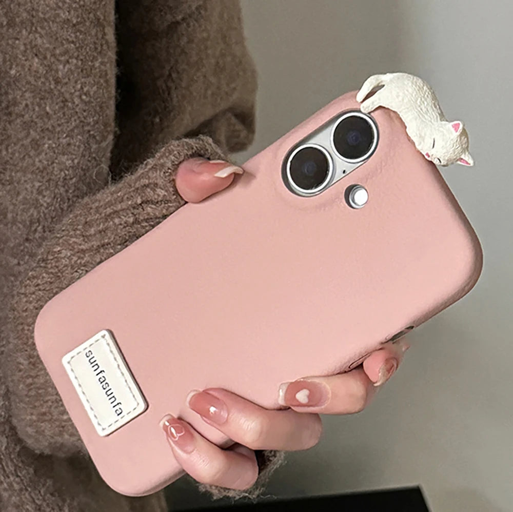 Korean Cute 3D Cat Phone Case For iPhone 16 15 14 13 11 12 Pro Max Plus X XR Lovely Kitten Soft Leather Silicone Cover Funda unique
