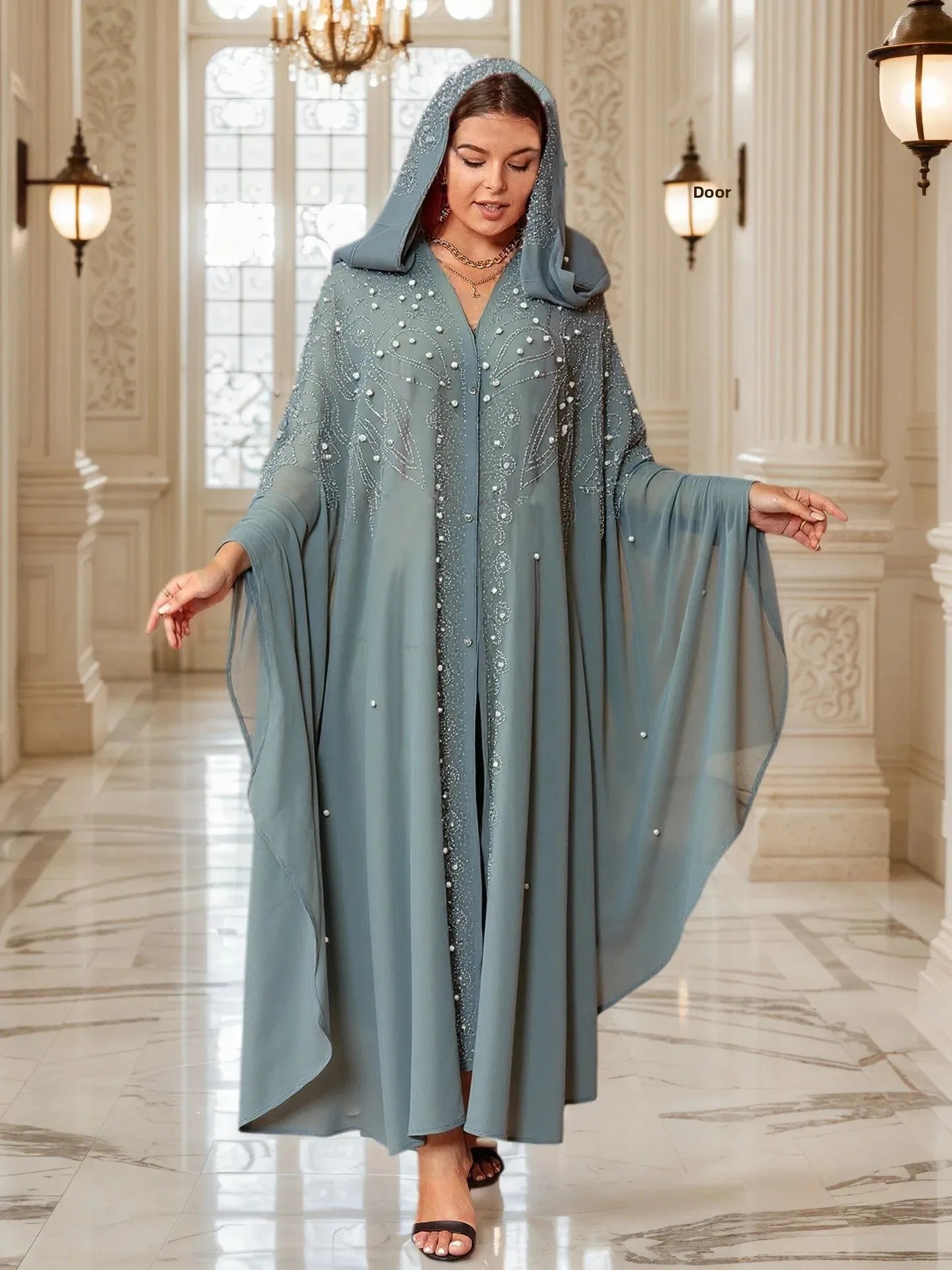 Muslim Long Robe Dubai Bead Abaya Hooded Cloak Shoulder with Hat Middle East Muslim Women's Fashion Outerwear