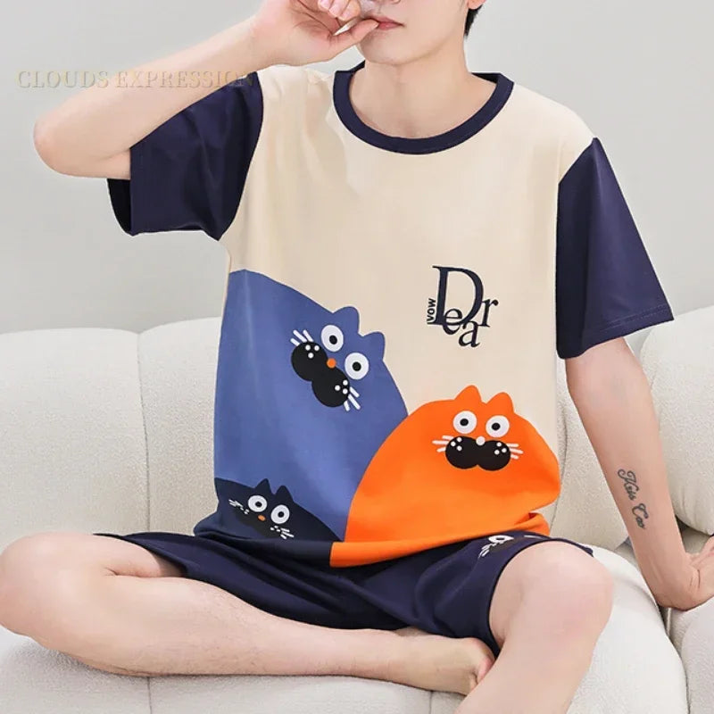 Summer 4XL Knitted Cotton Short Sleeved Men's Pajamas Sets Male Pajama Set Plaid Pajama For Men Sleepwear Suit Homewear mon