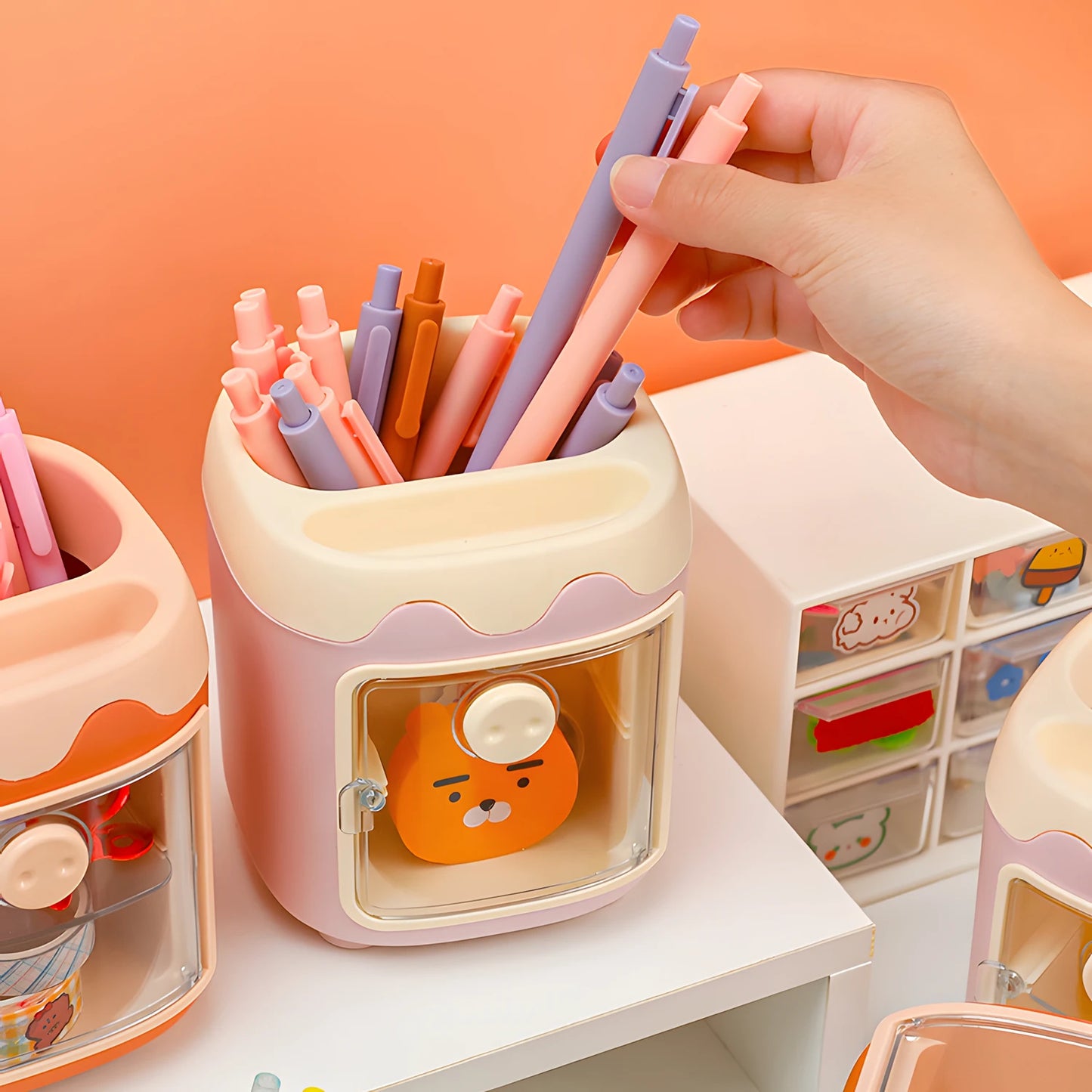 Pen Holder Pencil Organizer with Drawer, Cosmetic Makeup Brushes Holder for Dressing Table, Pig Nose Cute Pen Holder Office