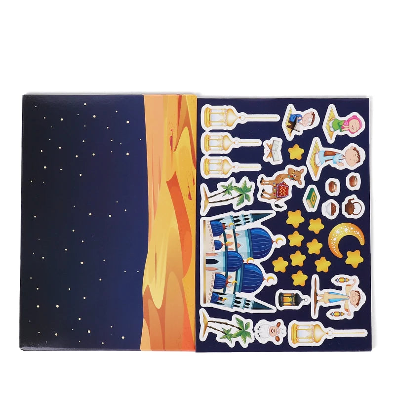 12pcs Eid Mubarak DIY Stickers Kids Gift Puzzle Game Toys Islam Muslim Party Supplies 2025 Ramadan Home Decoration Wall Sticker