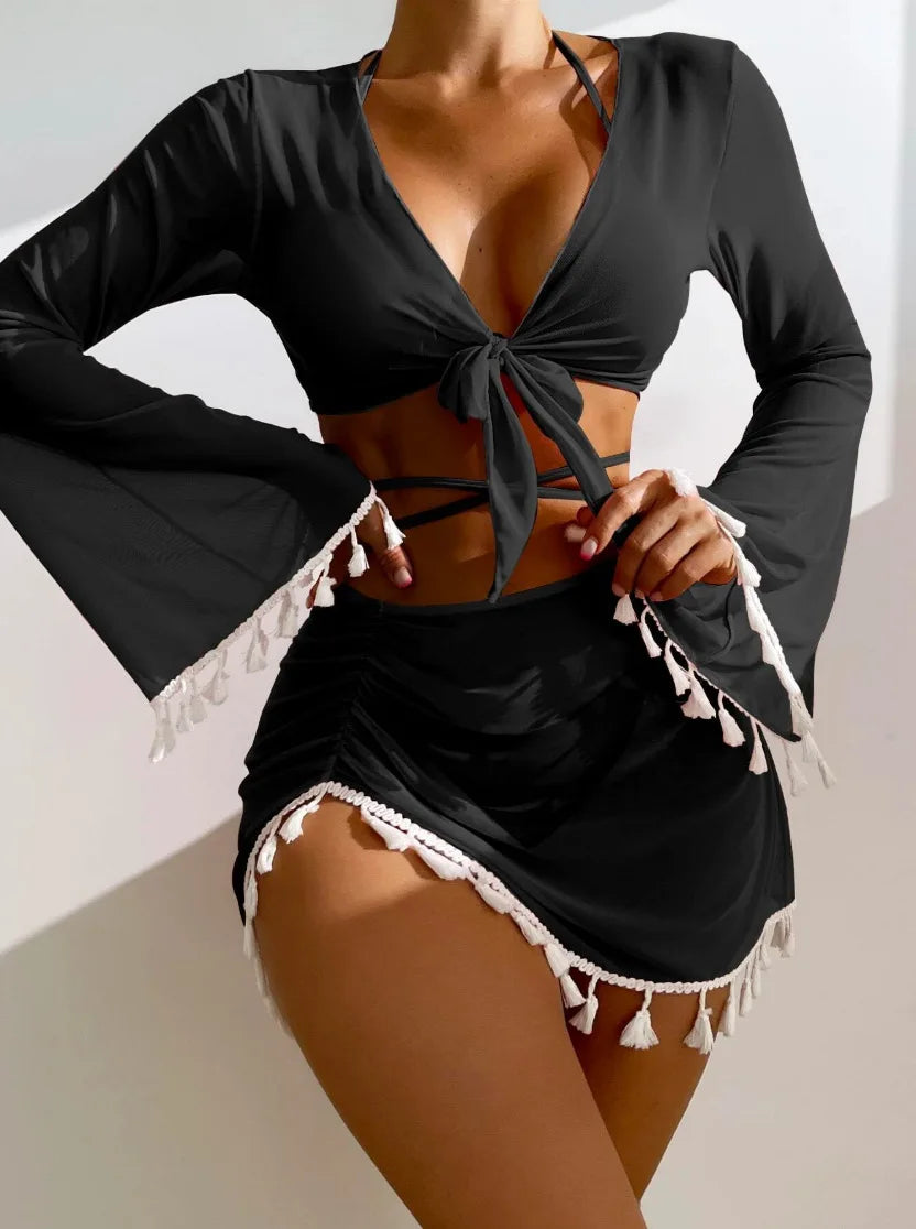 New Conservative Four Piece Solid Color Tassel Hoodie, Mesh Skirt, Bikini Swimsuit for Women