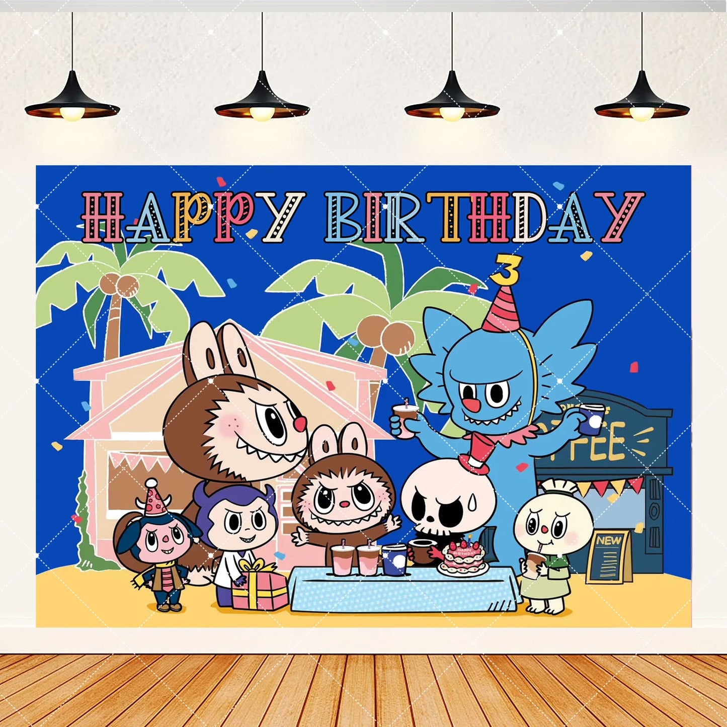 Cartoon LABUBU Theme Kids Birthday Party Banner Background Cake Topper Number Balloon Decoration Props Baby Party Supply Gifts