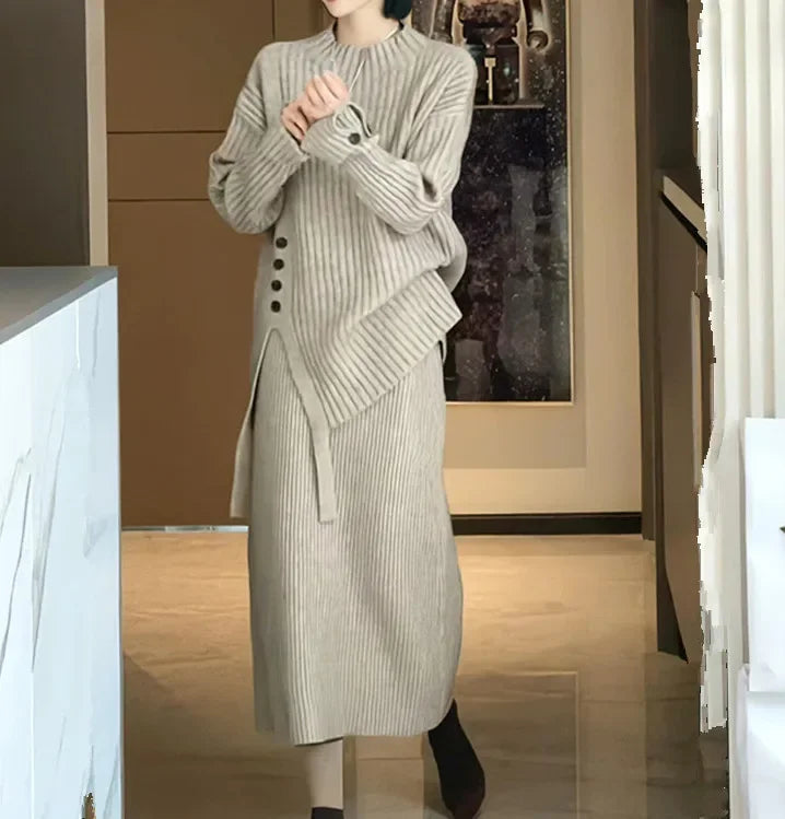 Knitted Sweater Two Piece Set Women's Autumn and Winter Thickened Comfortable Pullover Loose Sweater Tops and Knitted Dress Set