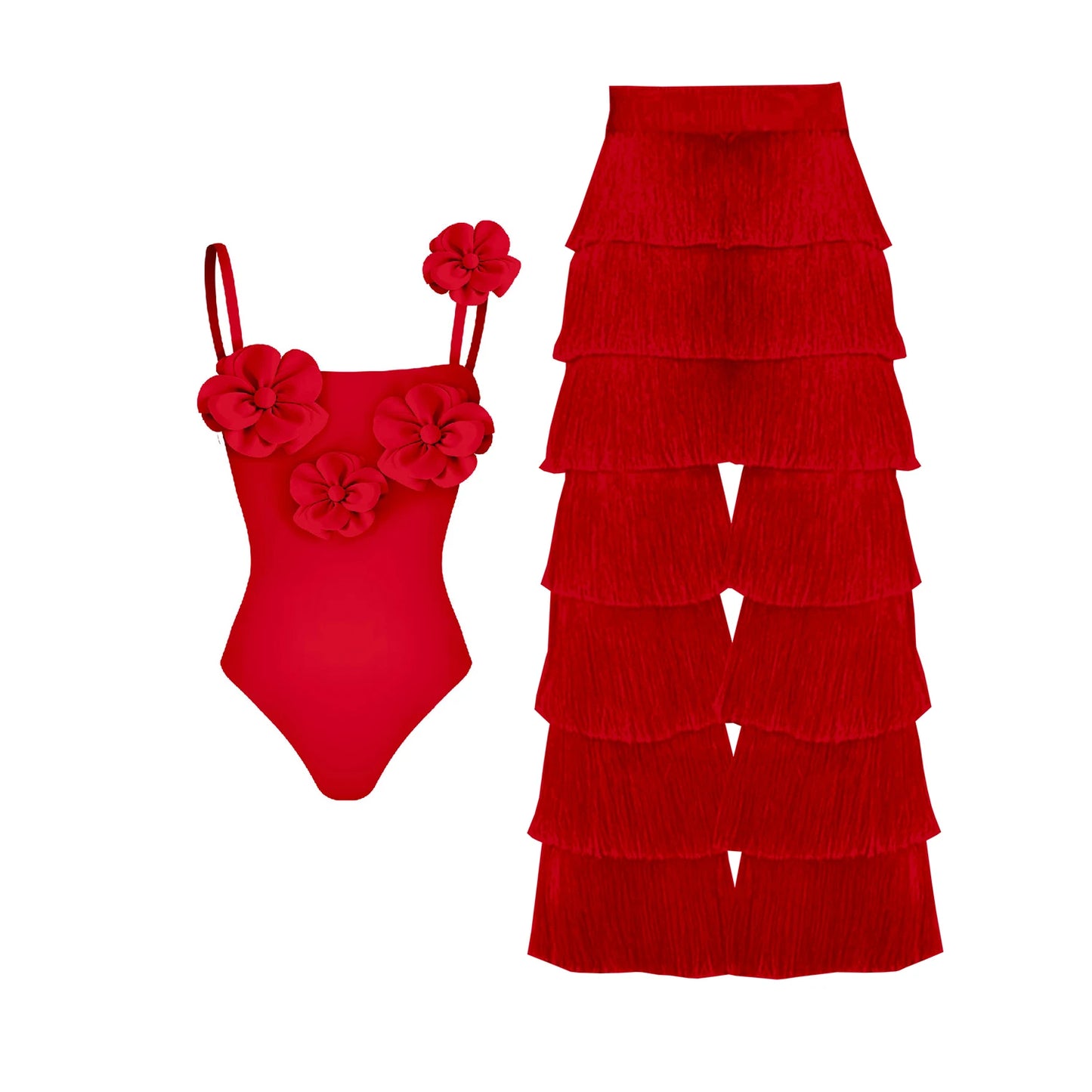 Red Flower Swimsuit With Cover Up Luxury Woman Swimwear Off Shoulder Swim Suits Female Sliming Bodysuit Chic Beachwear