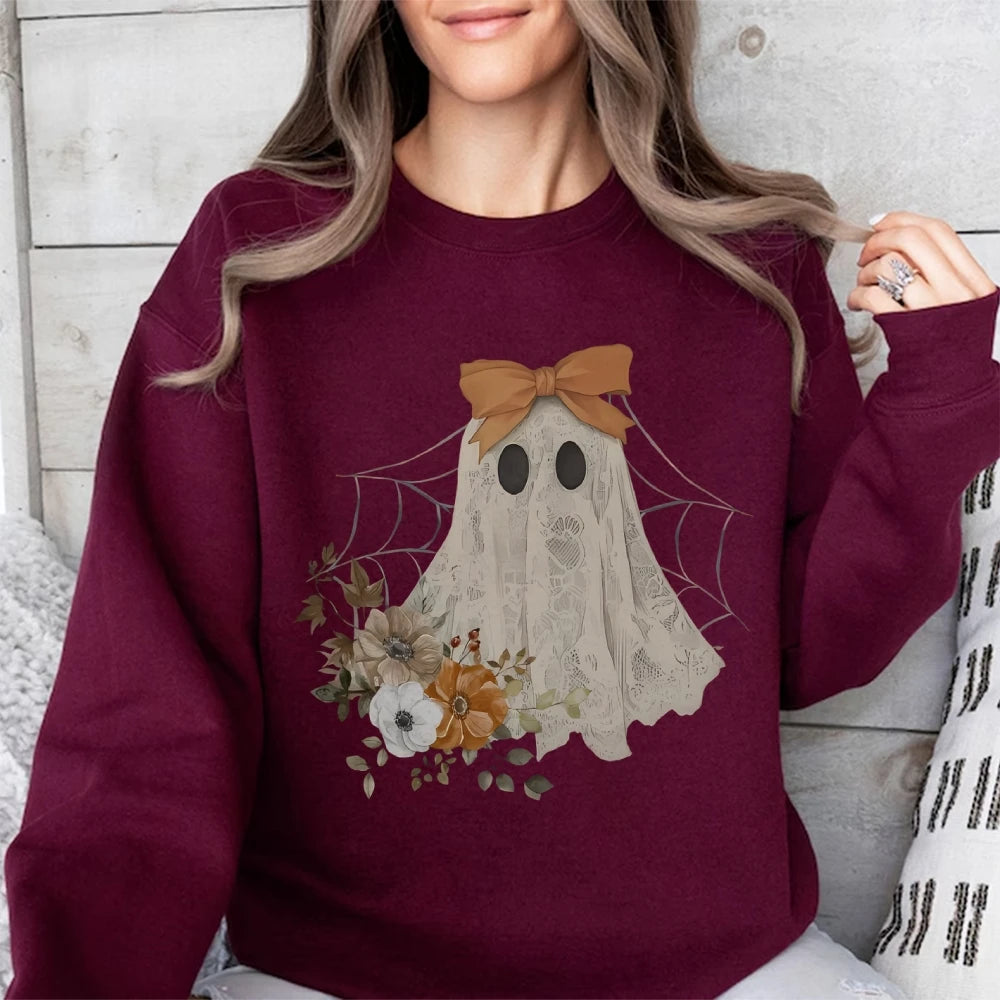 Loose Crew Neck Hoodie Cotton High Quality Soft Comfortable Halloween Cute Ghost Graphic Print Fashion Trend New Sweatshirt