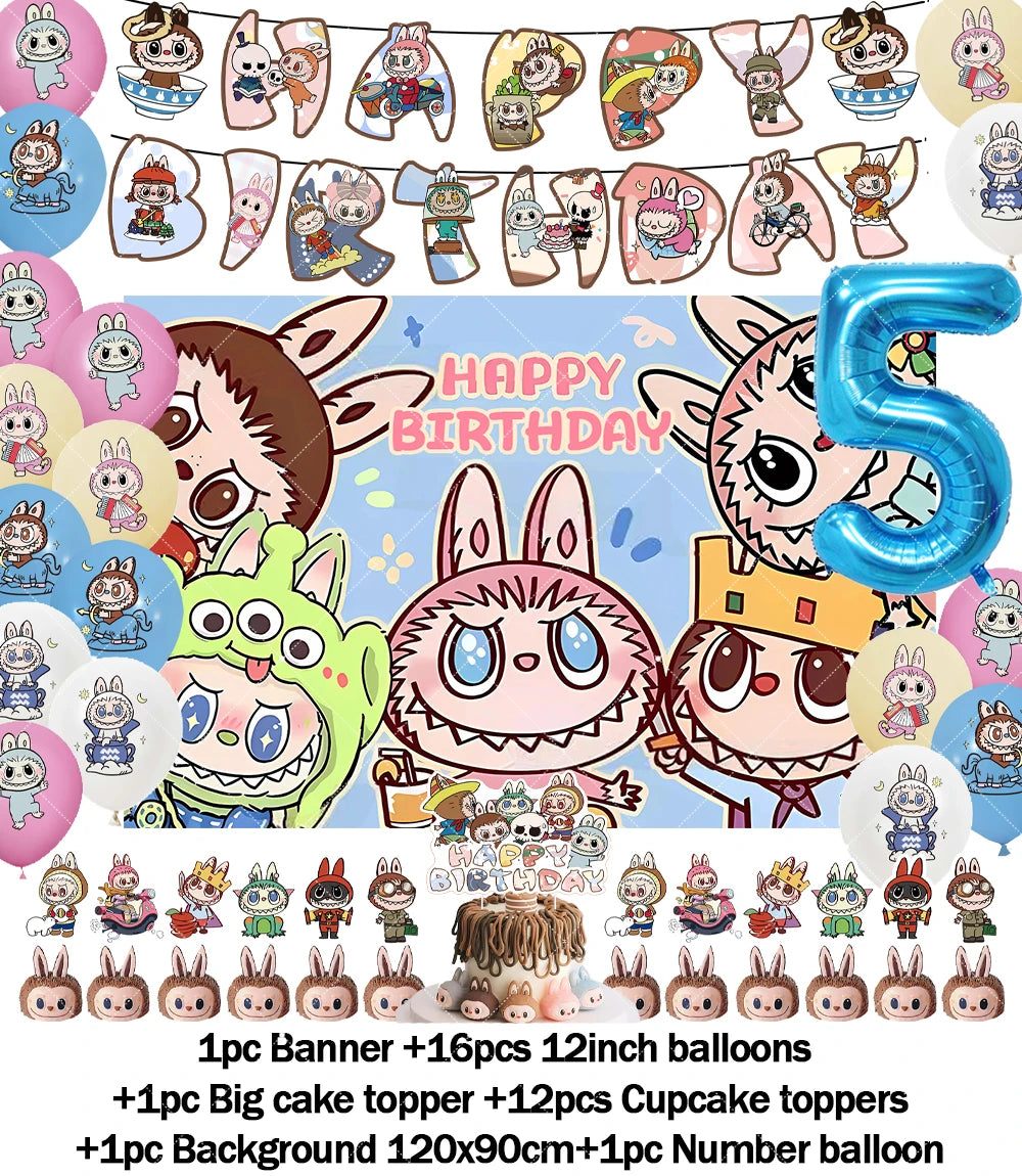Cartoon LABUBU Theme Kids Birthday Party Banner Background Cake Topper Number Balloon Decoration Props Baby Party Supply Gifts