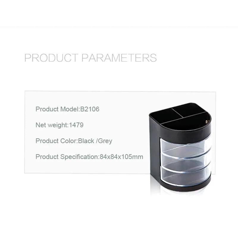 1pc Pen Holder with 3 Rotatable Arc Drawers 3 Compartments Pencil Holder Desktop Storage School Office Supplies