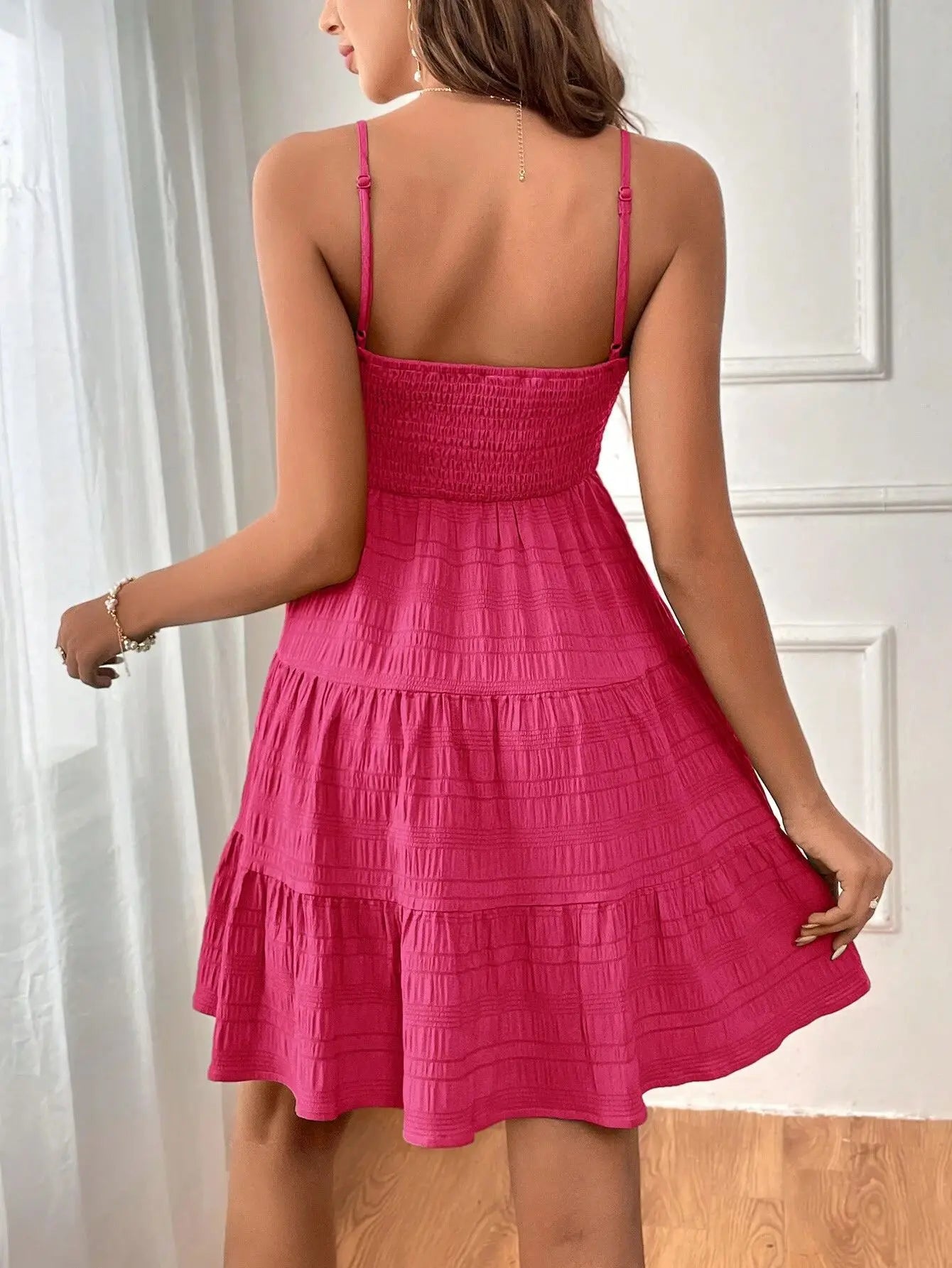 Bohemian Beach Sundress Women Sleeveless Backless Big Swing Mini Dress Solid Spaghetti Strap Ruffles Dresses