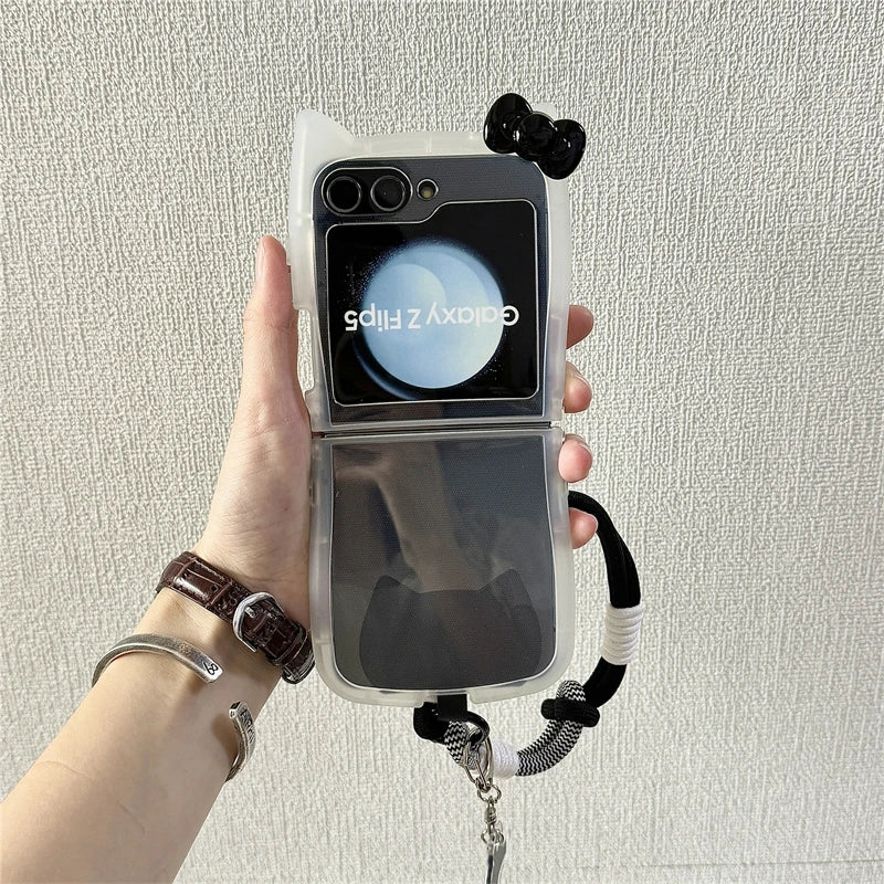 Korean Cute 3D Cat Phone Case For Samsung Galaxy Z Flip 6 5 4 Z Flip5 Flip6 Flip4 5G Cover with Hand Strap Pendant Silicone Capa