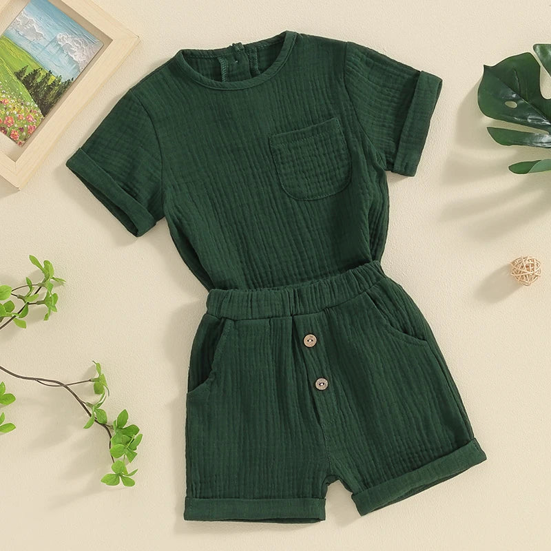 Newborn Baby Boys Summer Clothes Sets Solid Cotton Linen Pocket Short Sleeve T-shirts+Button Pocket Shorts Beach Casual Outfits