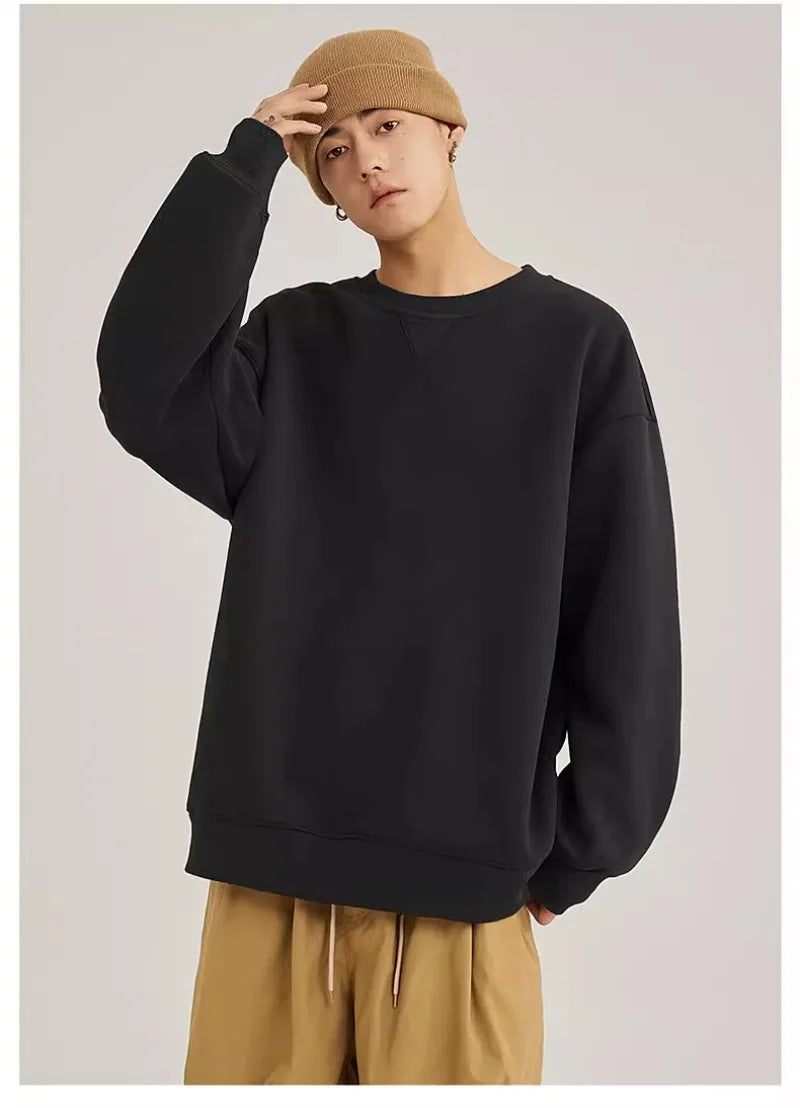 heavy cotton sweater men's autumn new loose and thick long-sleeved t-shirt solid color Japanese crew neck bottoming shirt mon