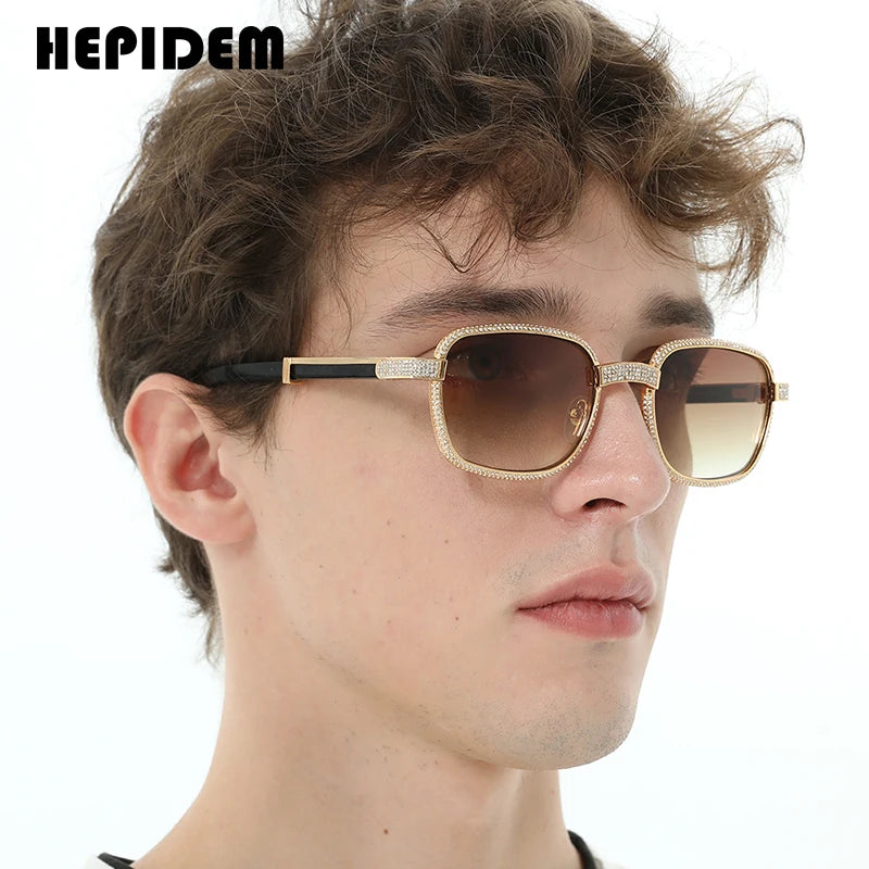HEPIDEM High Quality Men Buffs Sunglasses Square Luxury Brand Design Diamond Sumptuous Sun Glasses Women Buffalo Horn Glasses