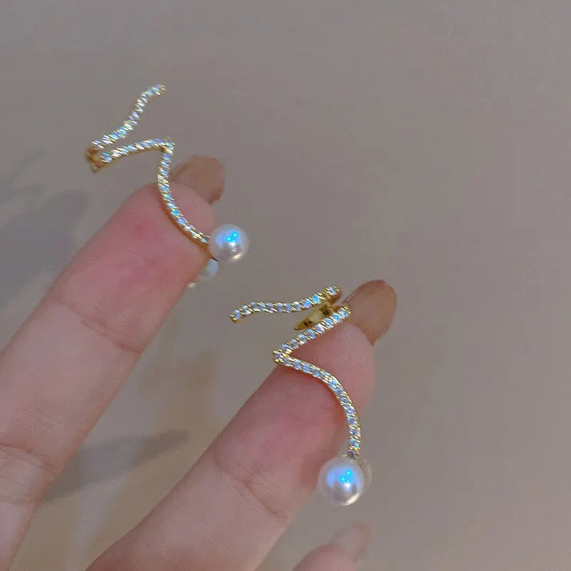 Shiny Rhinestone Imitation Pearl Stud Earrings For Women New Fashion Geometric Ear Studs Ear Bone Clip Girls Jewelry For Party
