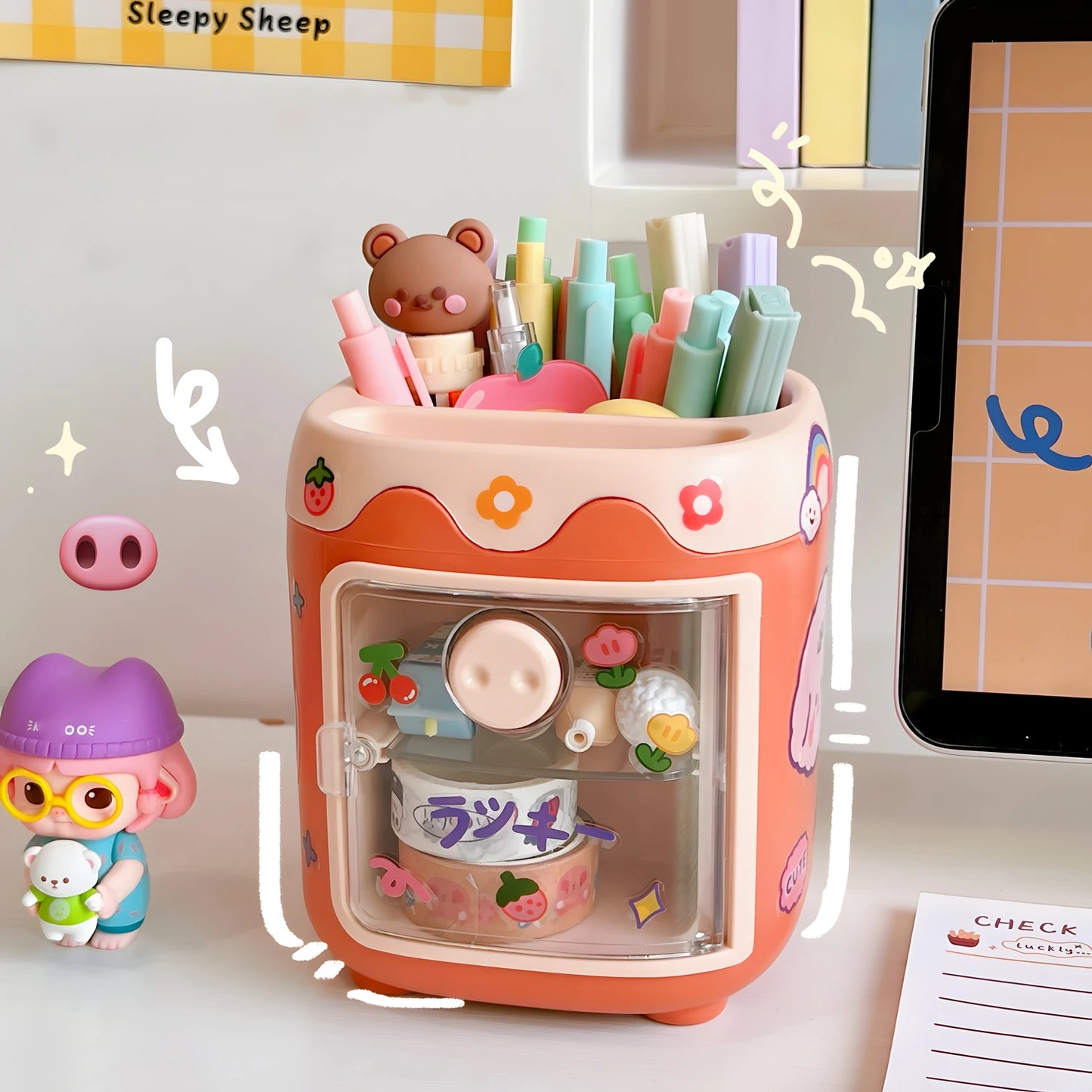 Pen Holder Pencil Organizer with Drawer, Cosmetic Makeup Brushes Holder for Dressing Table, Pig Nose Cute Pen Holder Office