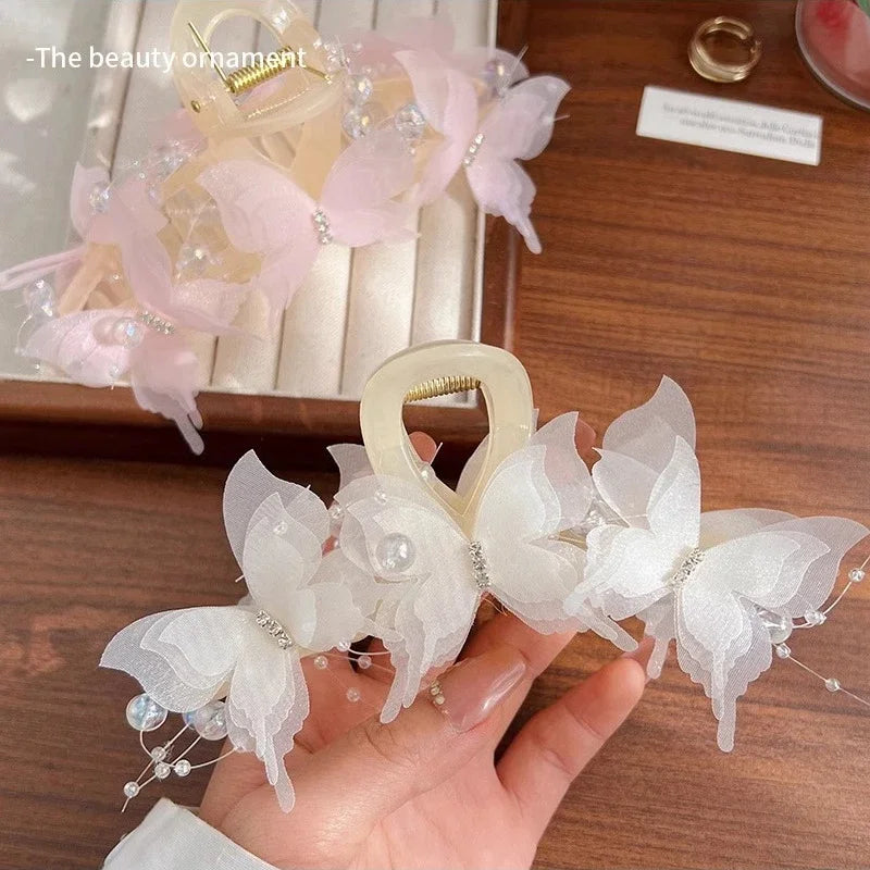 New Fashion Simulation Butterfly Hair Clips for Women Elegant Pearl Bow Ponytail Clip Sweet Crab Claw Headdress Hair Accessories