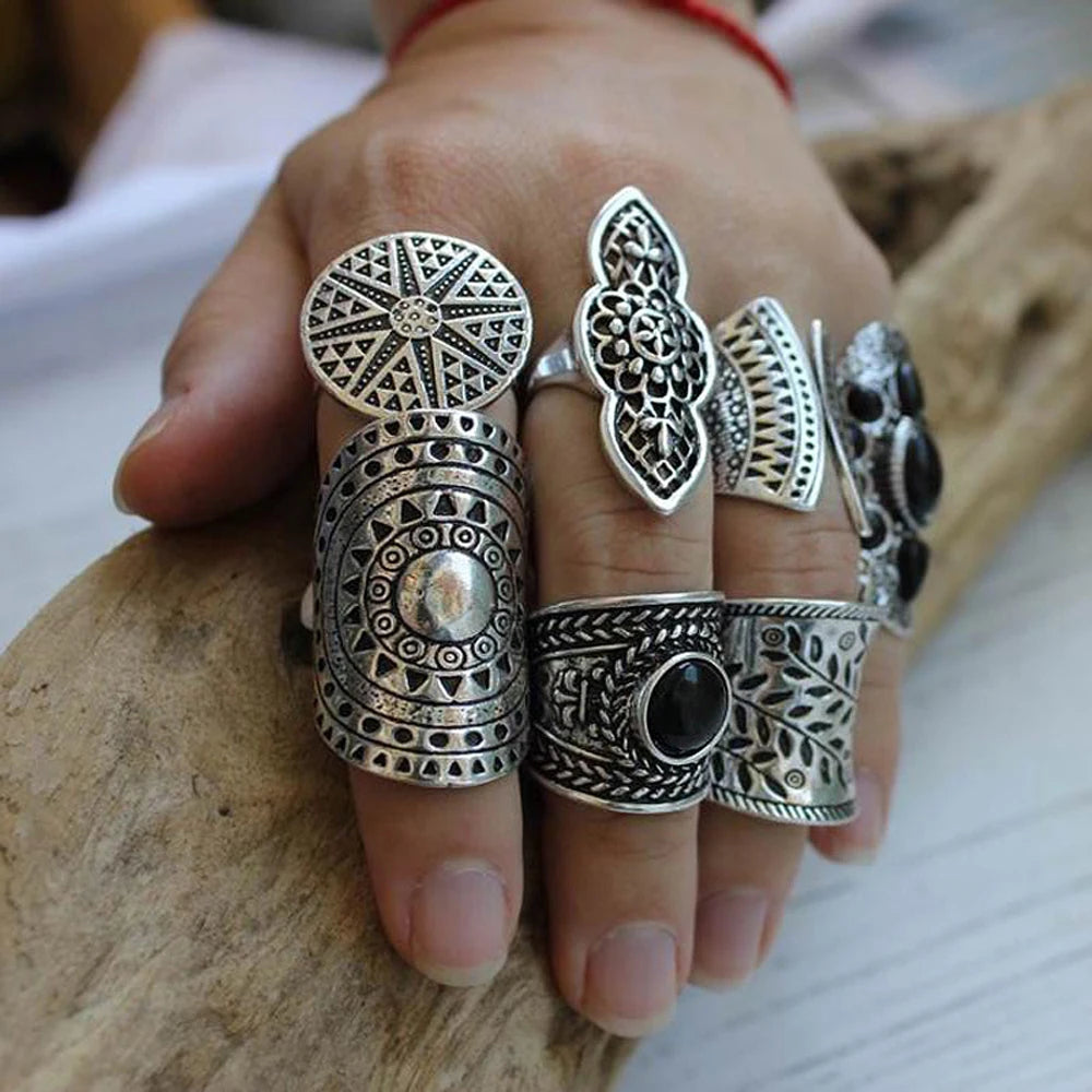 8 Pcs/Set Vintage Silvery Sun Geometric Pattern Engraved Ring for Women Men Boho Gypsy Afghan Ethnic Bride Wedding Rings Jewelry