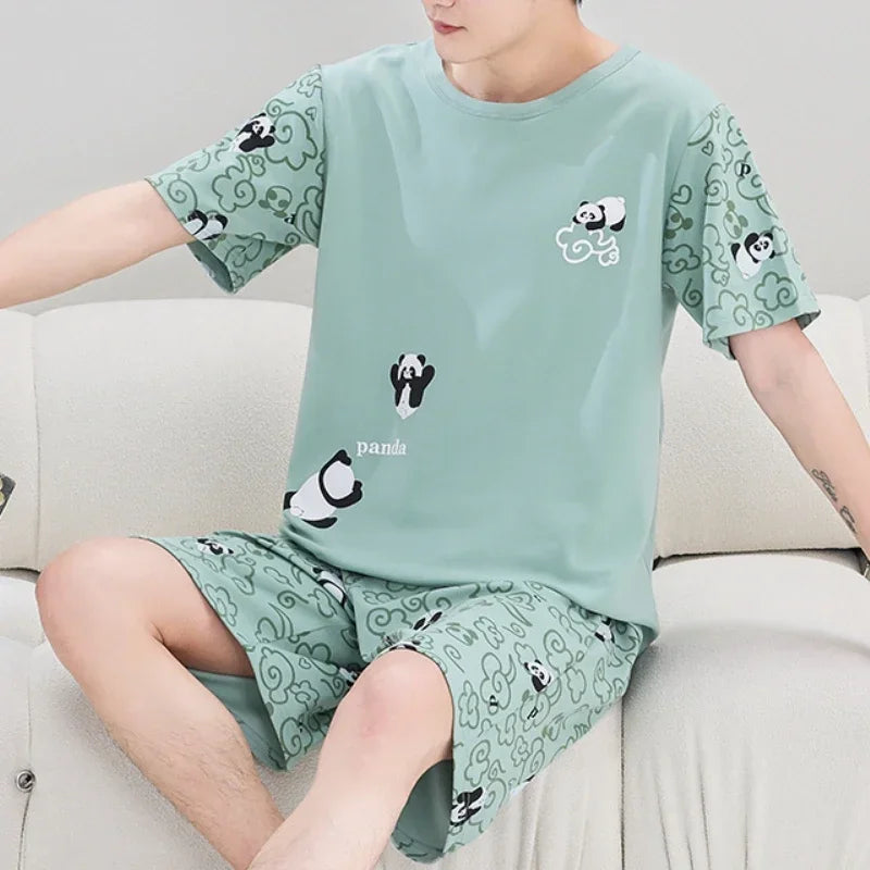 Summer 4XL Knitted Cotton Short Sleeved Men's Pajamas Sets Male Pajama Set Plaid Pajama For Men Sleepwear Suit Homewear mon