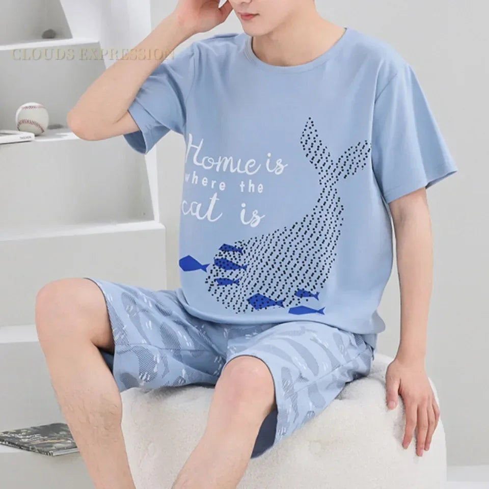 Summer 4XL Knitted Cotton Short Sleeved Men's Pajamas Sets Male Pajama Set Plaid Pajama For Men Sleepwear Suit Homewear mon