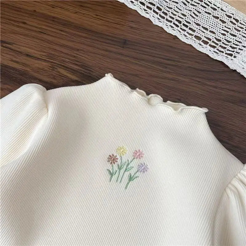 Autumn Winter Girls Bottoming Shirt Flower Embroidery Puff Sleeve Kids Baby Warm Thickening T-shirts Children Casual Tops