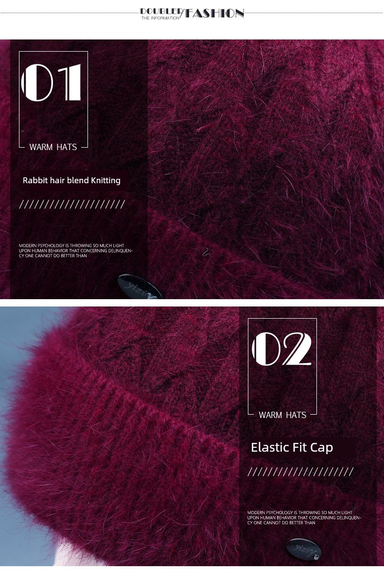 Winter Middle-Aged and Elderly People's Hats Female Ladieswear Rabbit Fur Knitted Warm Hat Women Woolen Cap Grandma Fleece-lined Cotton-Padded Cap