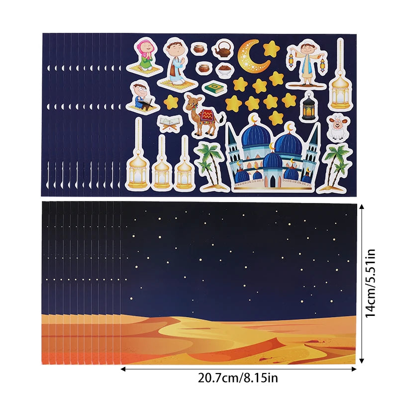 12pcs Eid Mubarak DIY Stickers Kids Gift Puzzle Game Toys Islam Muslim Party Supplies 2025 Ramadan Home Decoration Wall Sticker