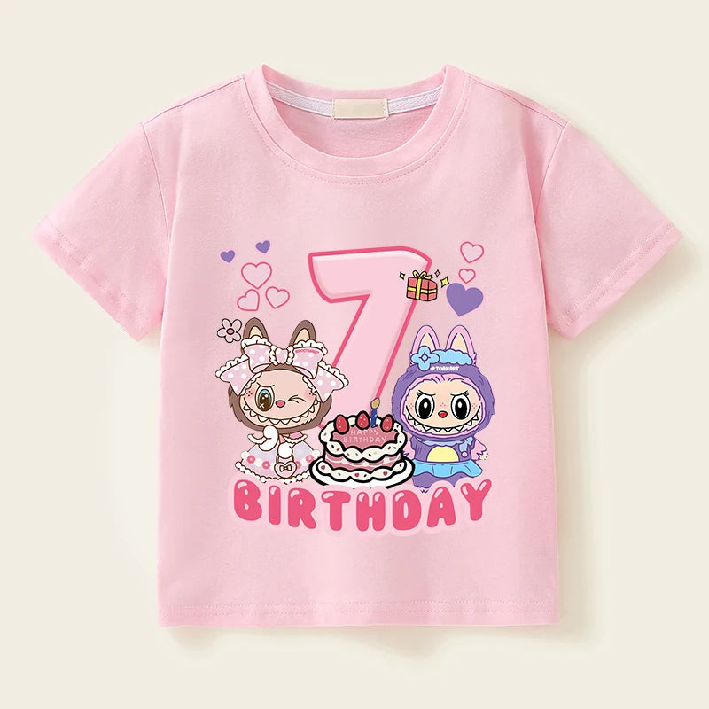 Labubu Birthday T Shirt Girl Short Sleeve Number Tees Cartoon Print Baby Cotton Tops Cute Toddler T-shirts Summer Kids Clothes