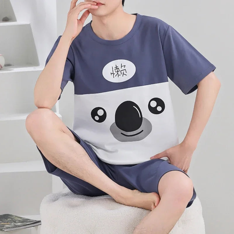 Summer 4XL Knitted Cotton Short Sleeved Men's Pajamas Sets Male Pajama Set Plaid Pajama For Men Sleepwear Suit Homewear mon