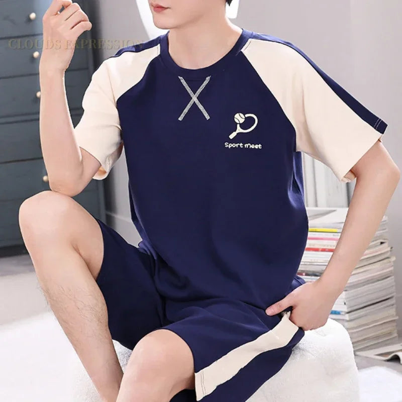 Summer 4XL Knitted Cotton Short Sleeved Men's Pajamas Sets Male Pajama Set Plaid Pajama For Men Sleepwear Suit Homewear mon