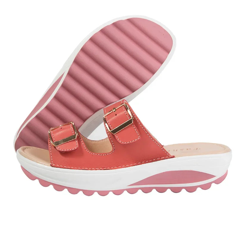 Summer Women Wedge Sandals Belt Buckle Open Toe Vintage Anti-slip Casual Female Slippers Platform Shoes Ladies Loafers