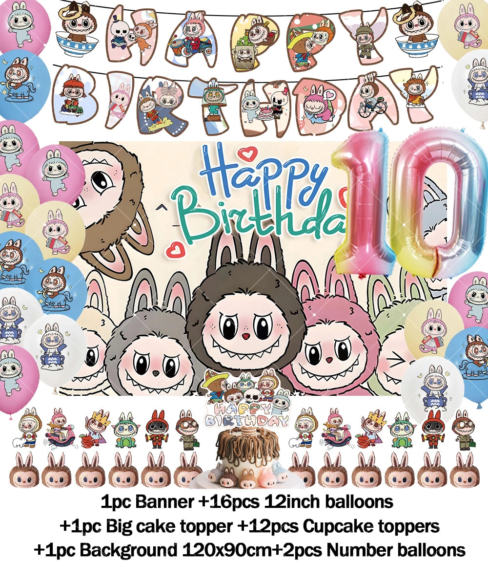 Cartoon LABUBU Theme Kids Birthday Party Banner Background Cake Topper Number Balloon Decoration Props Baby Party Supply Gifts