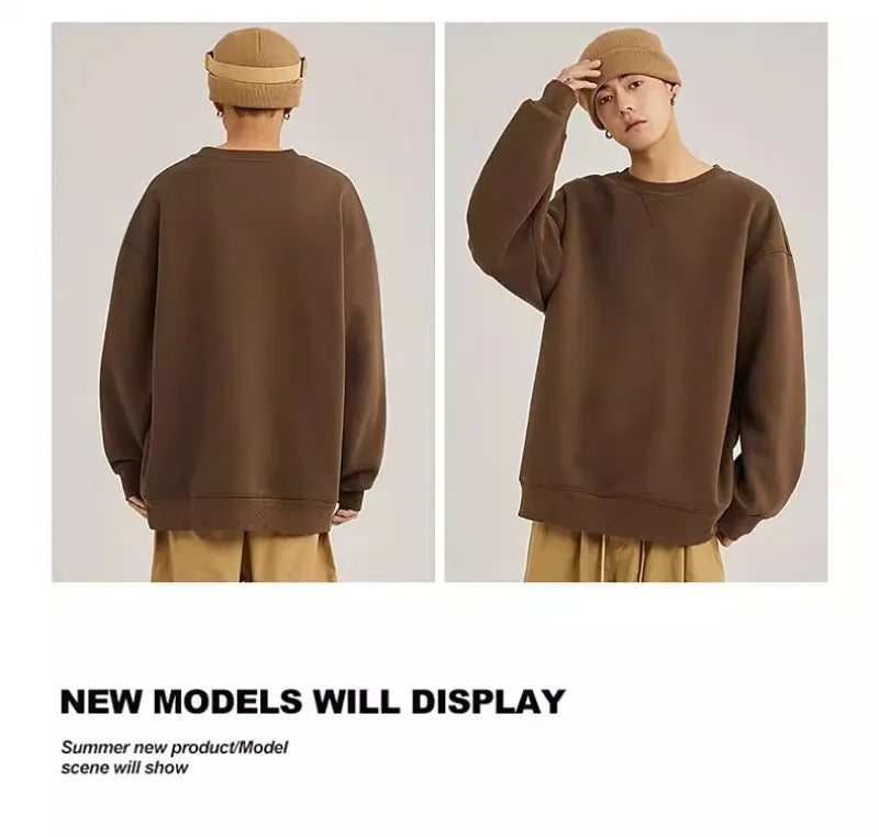 heavy cotton sweater men's autumn new loose and thick long-sleeved t-shirt solid color Japanese crew neck bottoming shirt mon