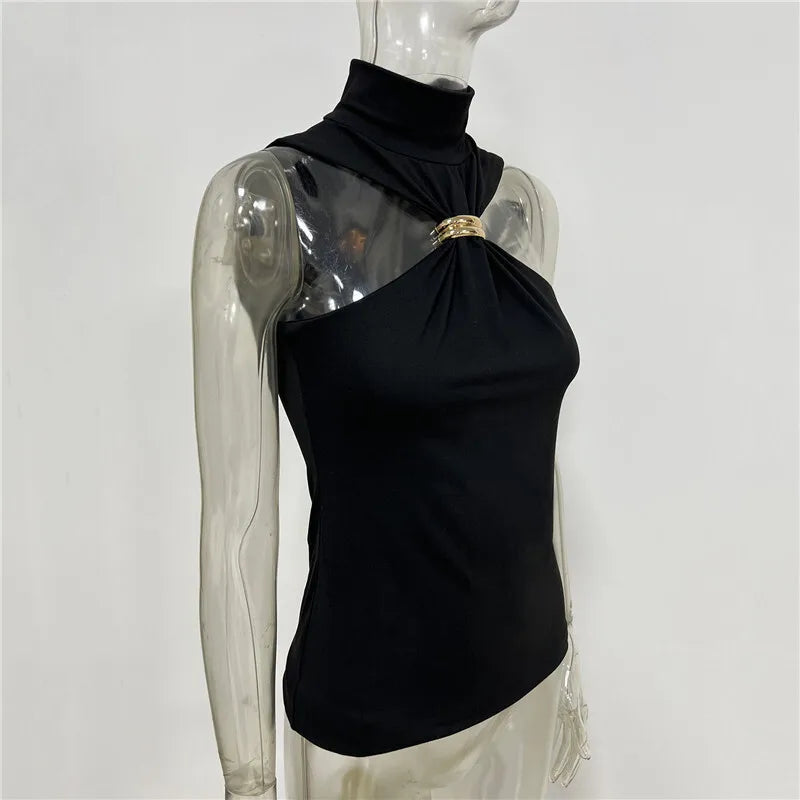 Mozision Turtleneck Basic Knit Tank Tops Women Vest Pullovers Metal Ring Camisole Sleeveless Skinny Knitted Tops Y2K Cropped Top