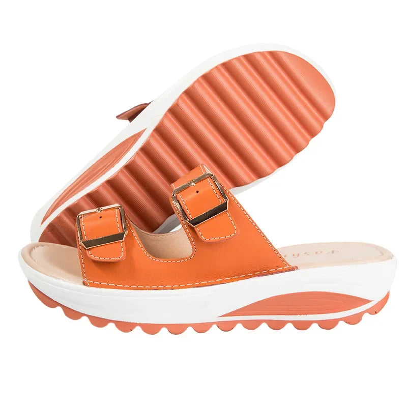 Summer Women Wedge Sandals Belt Buckle Open Toe Vintage Anti-slip Casual Female Slippers Platform Shoes Ladies Loafers