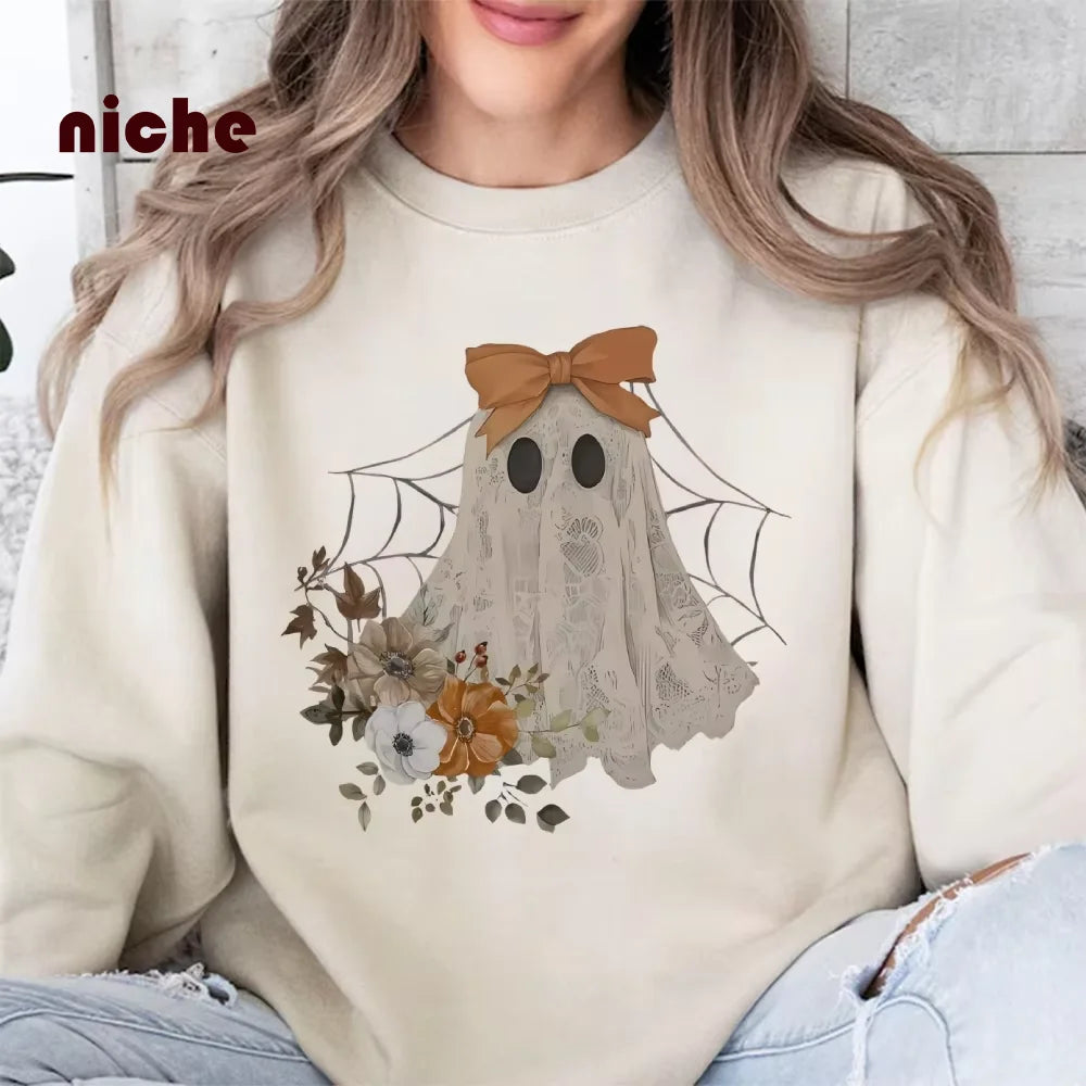 Loose Crew Neck Hoodie Cotton High Quality Soft Comfortable Halloween Cute Ghost Graphic Print Fashion Trend New Sweatshirt