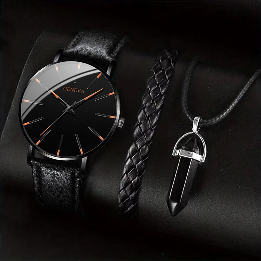 3PCS/Set Fashion Men's Watch Casual Leather Band Quartz Wristwatch Men Business Watches Bracelet Necklace Set accessories