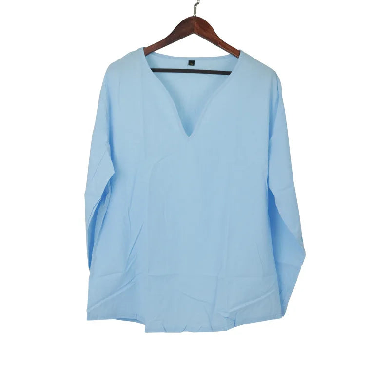 Men's Shirt Top V Neck Breathable Beach Shirt Long Sleeves Closure Regular Fit Solid Color Male Casual Shirt For Daily Vacation mon