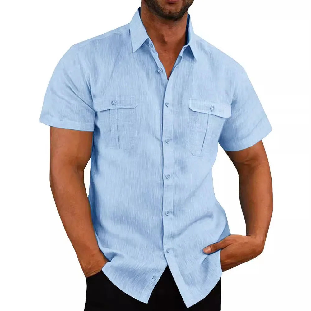 Men's Shirt Double Pocket Cotton Linen Short Sleeve Shirts for Men Casual Holiday Beach Shirt streetwear Solid Color Slim Fit mon