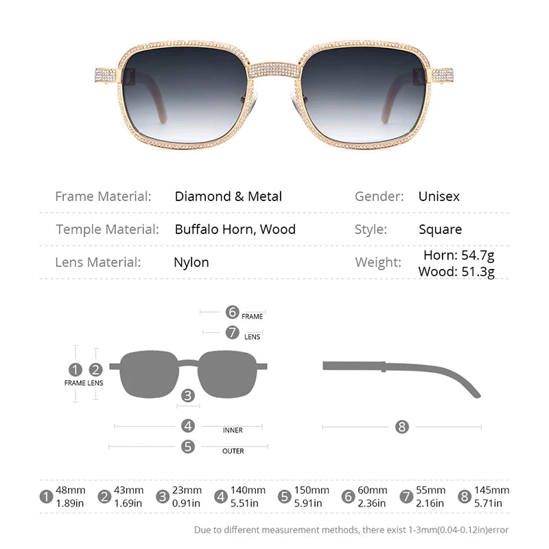 HEPIDEM High Quality Men Buffs Sunglasses Square Luxury Brand Design Diamond Sumptuous Sun Glasses Women Buffalo Horn Glasses