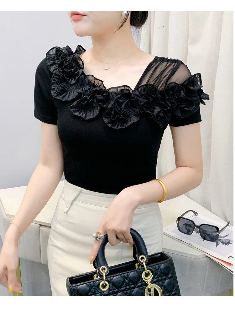 Summer Cotton T-shirts Chic Asymmetric Neckline Off-Shoulder Ruffle Trim Slim Fit Tee Exclusive Boutique Women's Casual Top