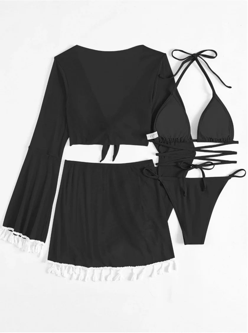 New Conservative Four Piece Solid Color Tassel Hoodie, Mesh Skirt, Bikini Swimsuit for Women